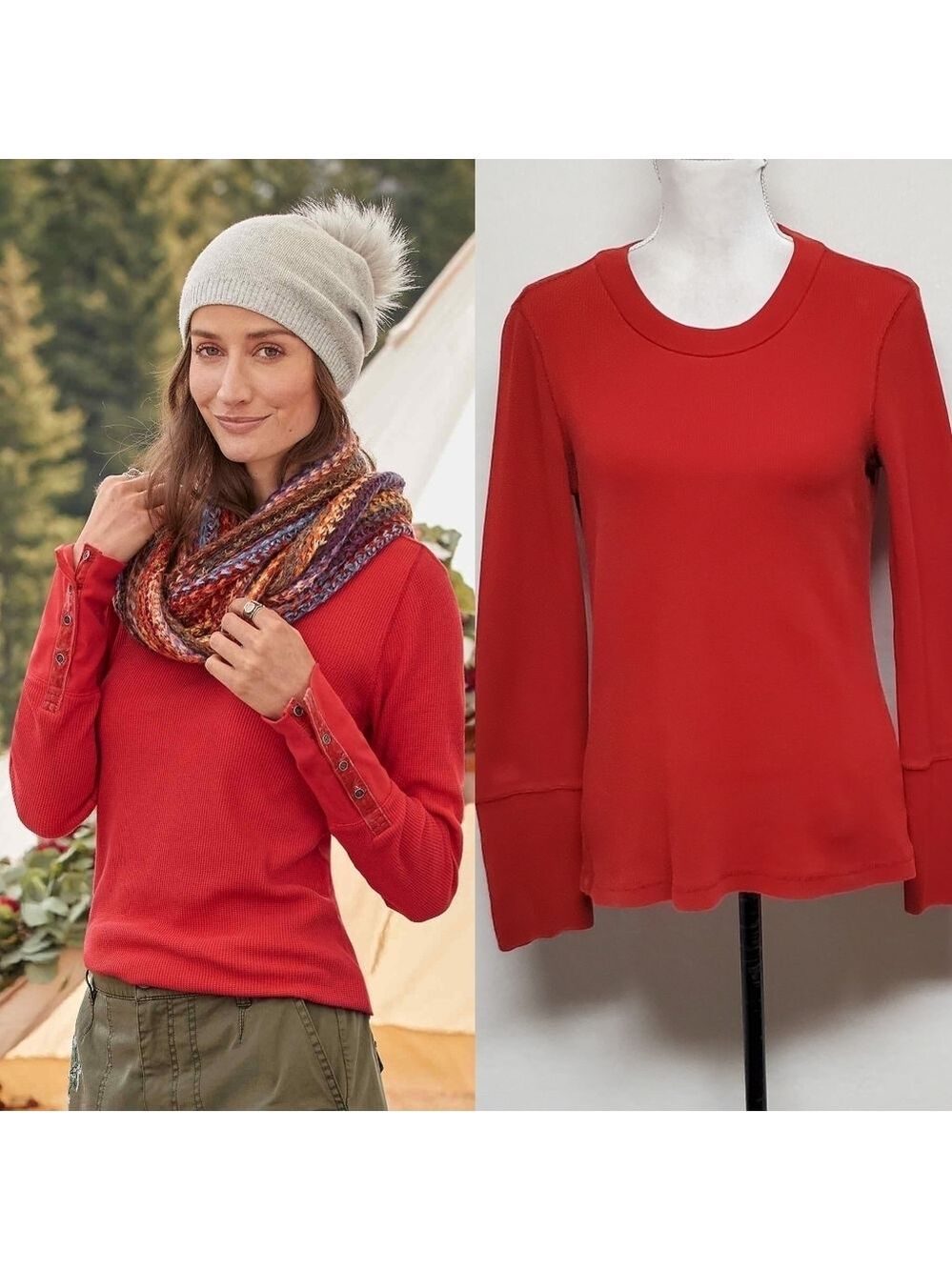 Sundance Red Waffle Knit Long Sleeve Velvet Trim Crewneck Sweater M